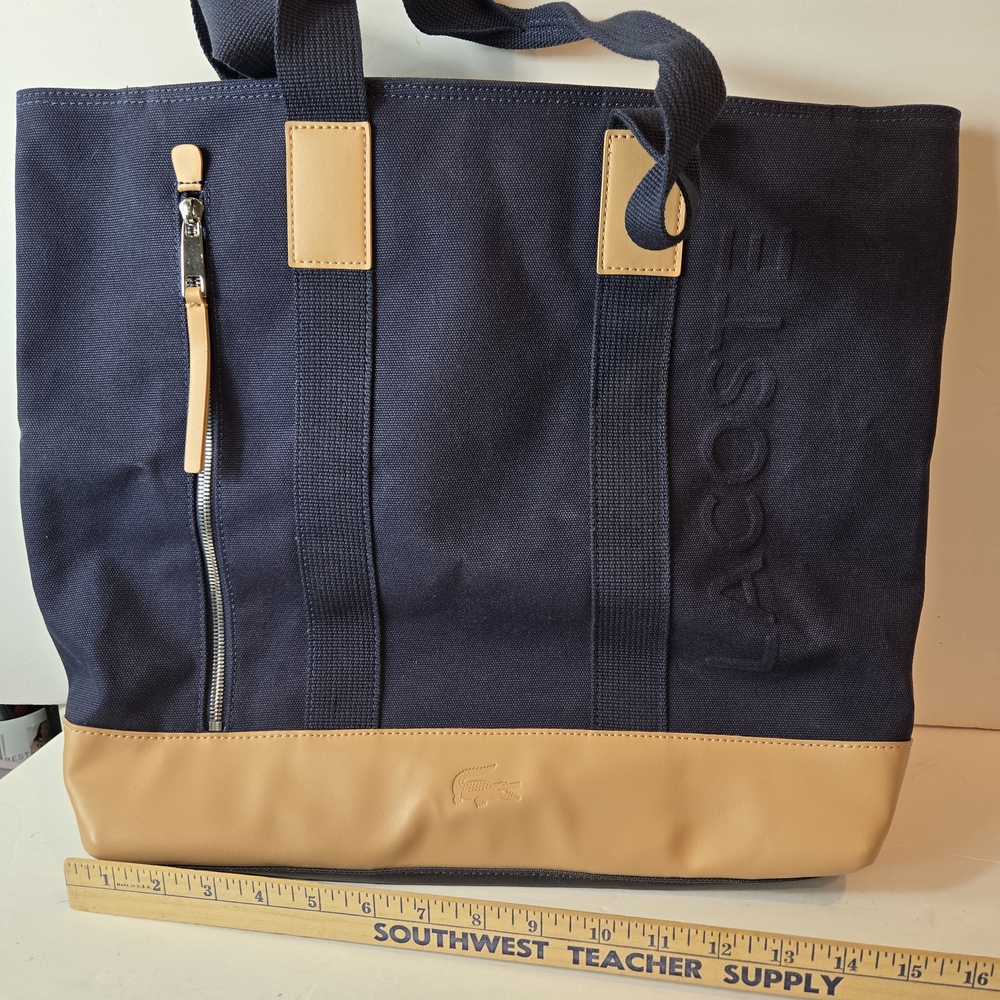 Lacoste Blue and Tan Tote Bag with Leather Accents